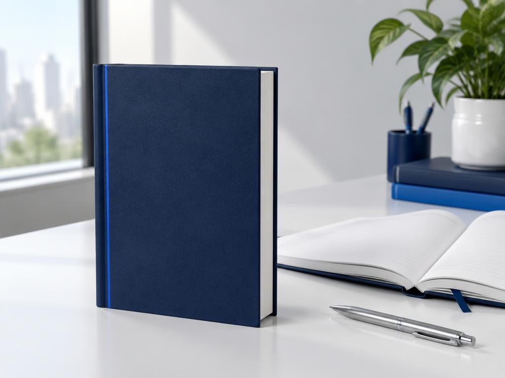 Livro de capa azul ao lado de um caderno e uma caneta